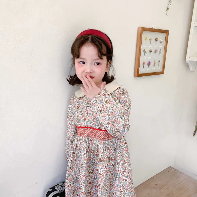 Koreanischer Stil Frühling Mädchen Kleid Elastische Taille Peter Pan Kragen Floral Prinzessin Kleider Kinder Kleidung E641 210610