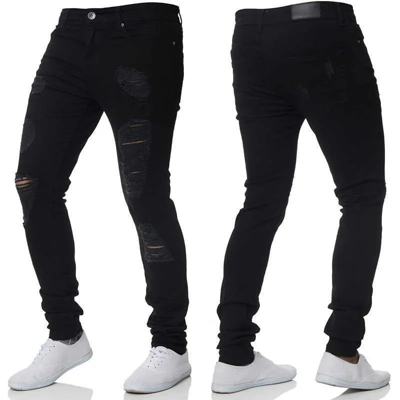 Dżinsy dla mężczyzn Dżinsowe Spodnie Solidne Kolor Hip Hop Spodnie Długie Spodnie Ripped Plus Size Męskie Odzież XXXL Skinny Jeans Men X0621