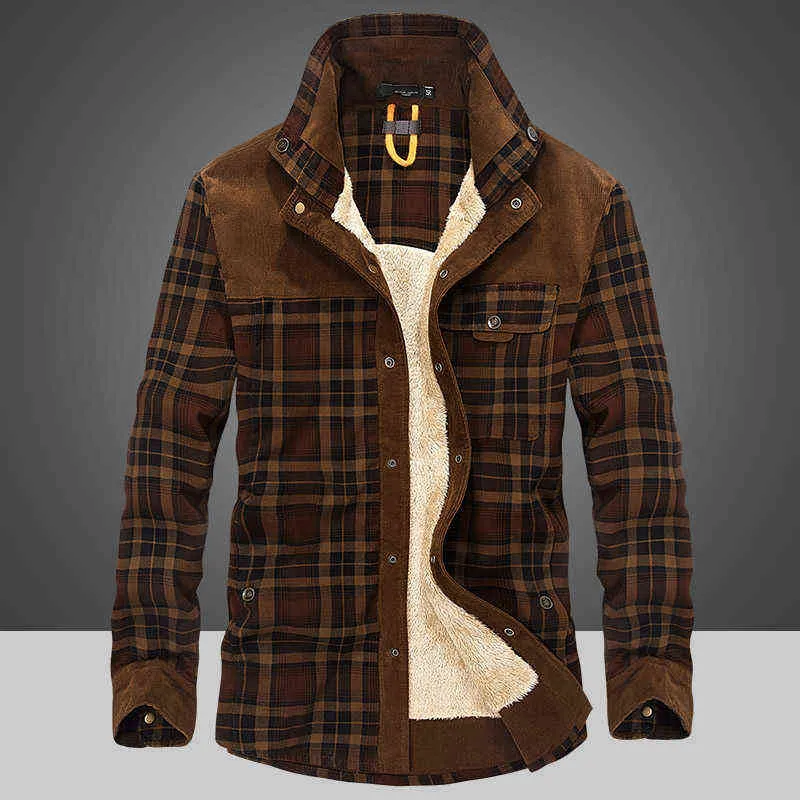 Jaqueta de inverno homens engrossar camisas de lã quente casacos 100% algodão xadrez flanela roupas militares chaquetas hombre tamanho M-4XL 220118