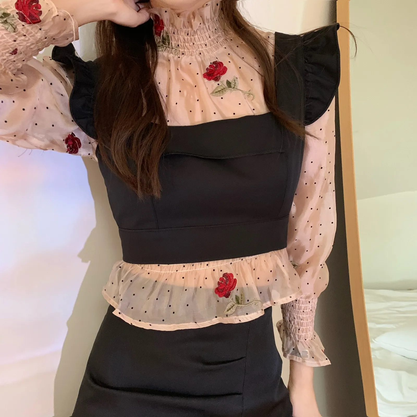 Nomikuma Korean Rose Embroidery Dot Women Blouse Stand Neck Short Sweet Shirt + Back Bow Bandage Ruffle Sleeveless Vest 21302