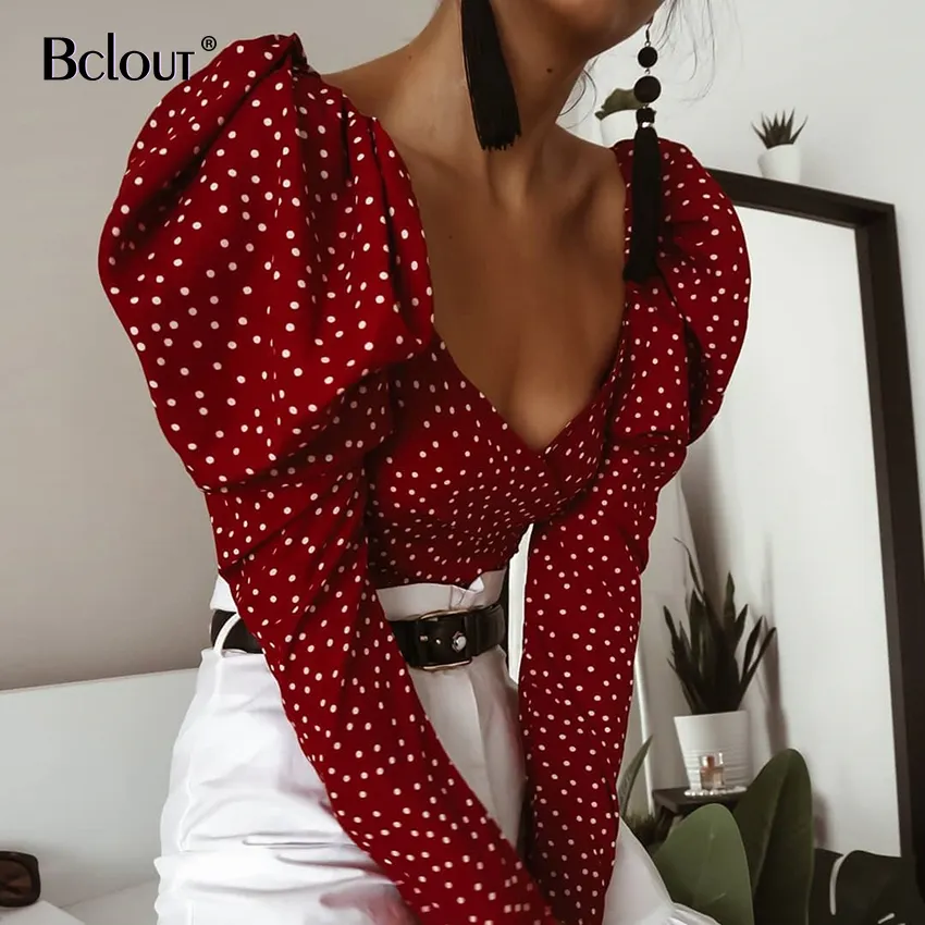 섹시한 작물 탑 백리스 폴카 도트 셔츠 여성 레이스 위로 빨간색 V- 목 퍼프 슬리브 짠 여성 블라우스 가을 여름 streetwear 210225