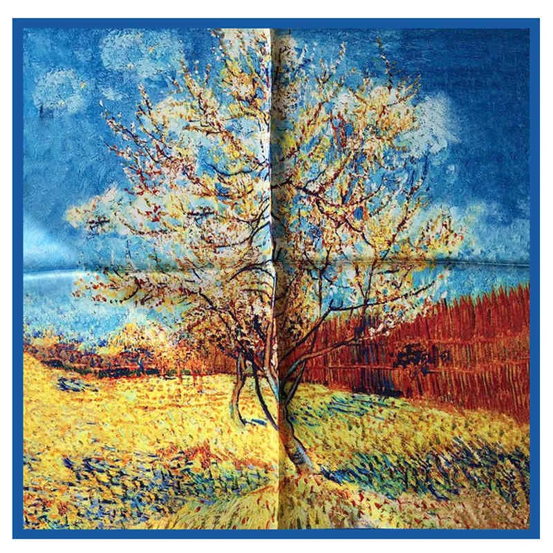 53x53cm Van Gogh Small Painting Series Slee Square 100% Silk For Women Hangzhou Natural Female Kerchief vintage Écharpe