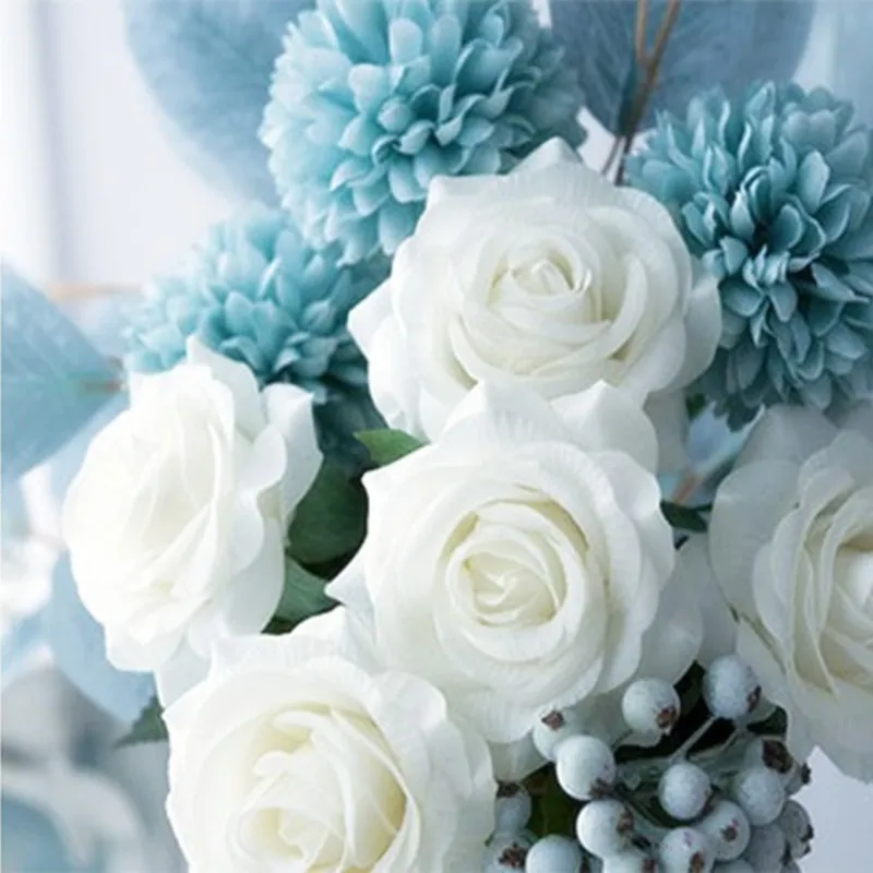 Fleur de flocon de neige nordique, Simulation élégante, Rose blanche, Bouquet de mariée, fleurs artificielles en soie pour décoration de table à manger de maison 253T