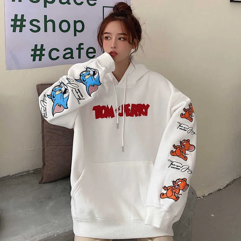 Kawaii 여성을위한 대형 후드 Harajuku 2021 Tops New Casual Streetwear Letter 만화 인쇄 슈트 Tom Jerry Q09014925815