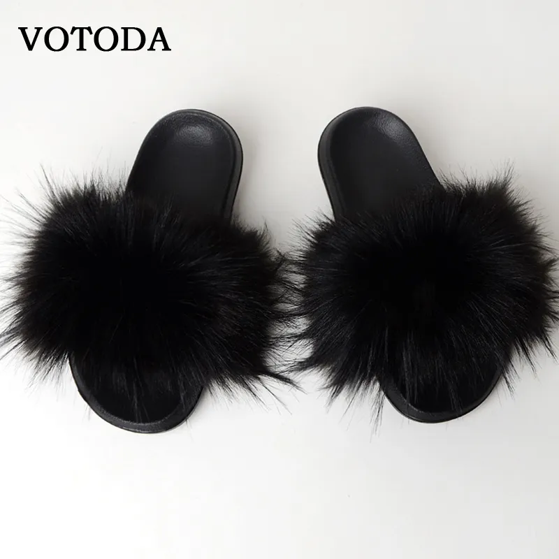 Nouveau Fluffy Faux Diapositives Femmes Pantoufles Furry Raton Laveur Sandales Faux Fourrure De Renard Flip Flops Maison Fuzzy Femme Casual Chaussures En Peluche Y200423