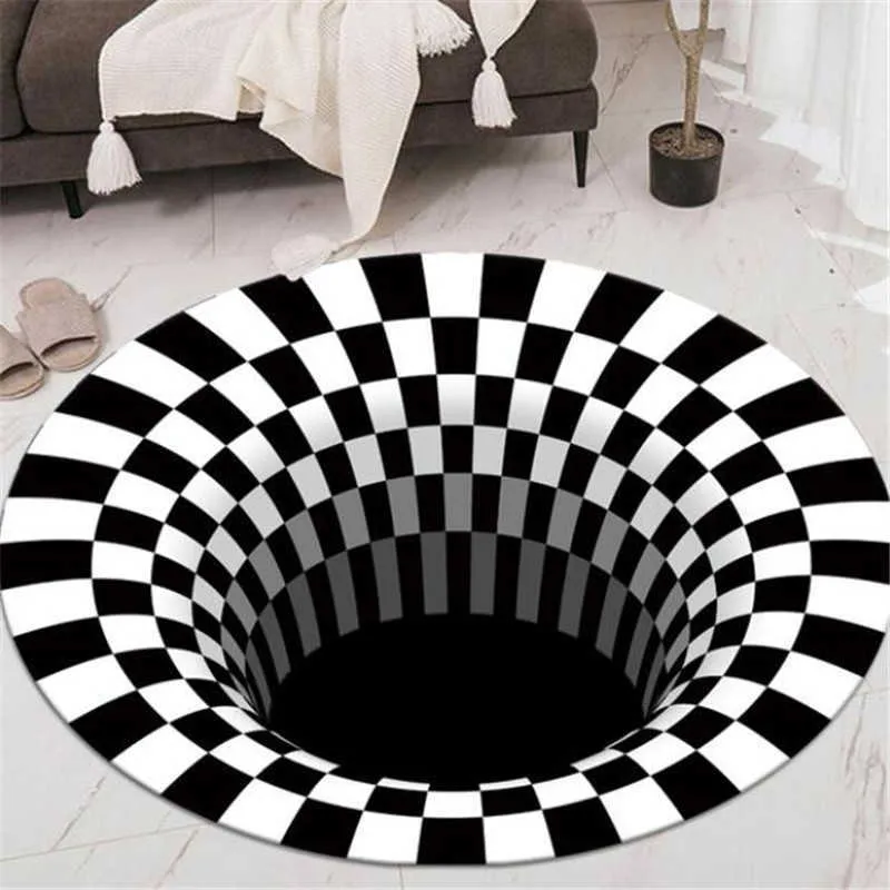 Bedroom Rugs Black White Grid Printing 3D Illusion Vortex Bottomless Hole Carpets For living room Home Decoration Rugs 210727