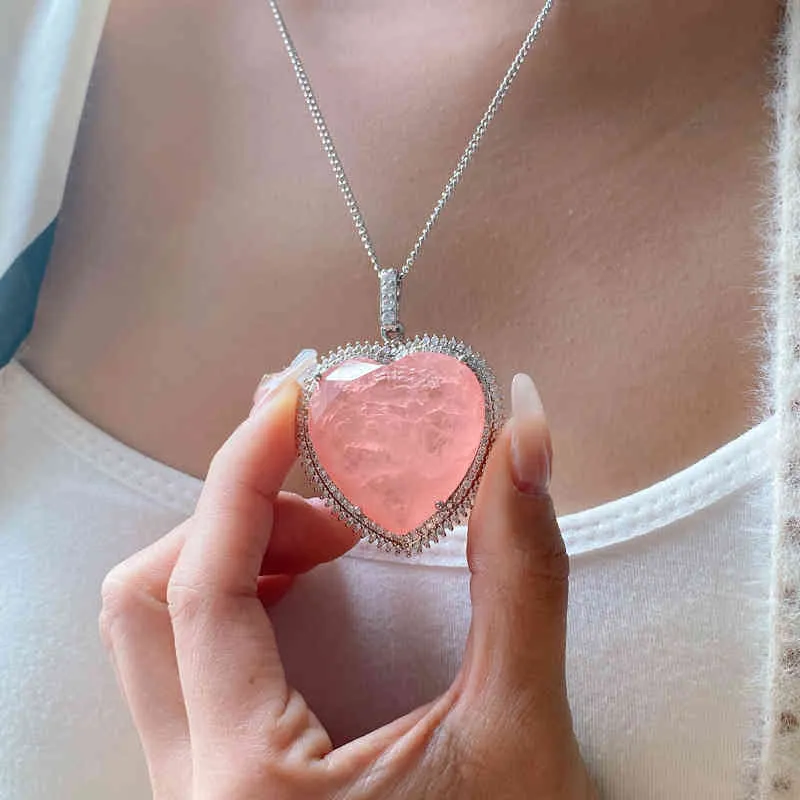 Delicate Big Heart Shape Pink Topaz Gemstone Pendant Necklace Luxury 925 Silver Choker Chains Crystal Sweater Neckalces Ladies