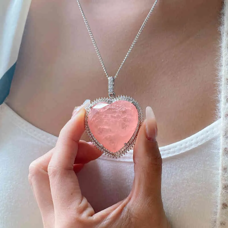 Delikat Big Heart Shape Pink Topaz Gemstone Pendant Necklace 925 Silver Choker Choins Crystal Sweater Neckces Ladies Ladies