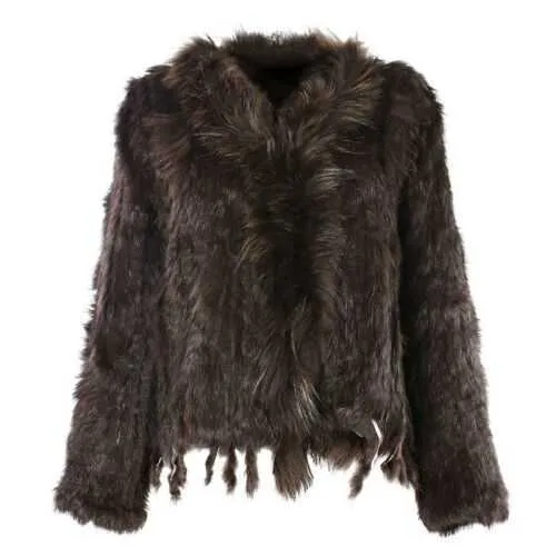 Gilet en fourrure de lapin tricoté naturel avec col de raton laveur manteau de fourrure à manches longues avec gland personnalisé pardessus grande taille 210910