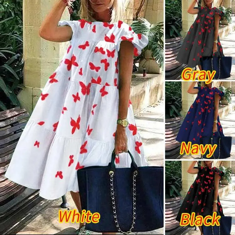 VONDA Knee-Length Dress 2021 Women Summer Casual O Neck Ruffled Sleeve Dresses Plus Size Bohemain Party Vestidos Printed Robe X0521