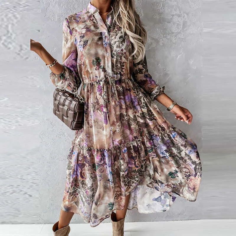 Frauen Casual Print Langarm Kleid Herbst Mode Unregelmäßige Dünnes Kleid Büro Dame Elegante Taste Rüschen Elastische Taille Kleider Y1006