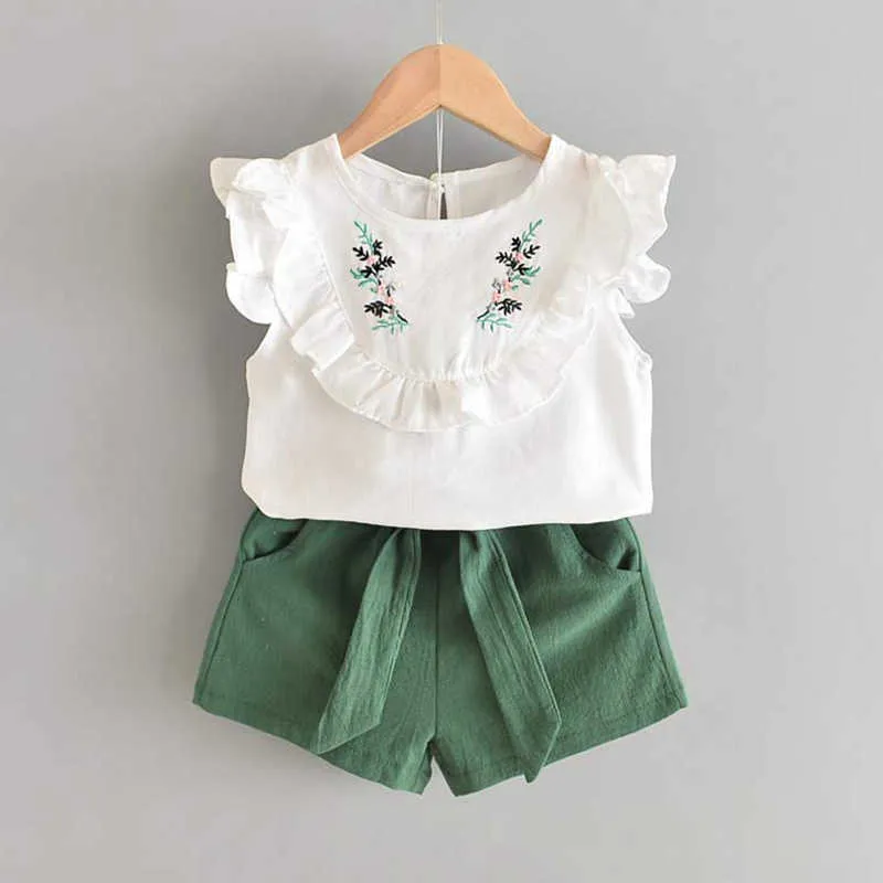 Bear líder crianças roupas meninas conjuntos de verão moda sem mangas flor impressão shorts calça com laço bonito para roupas menina 210708