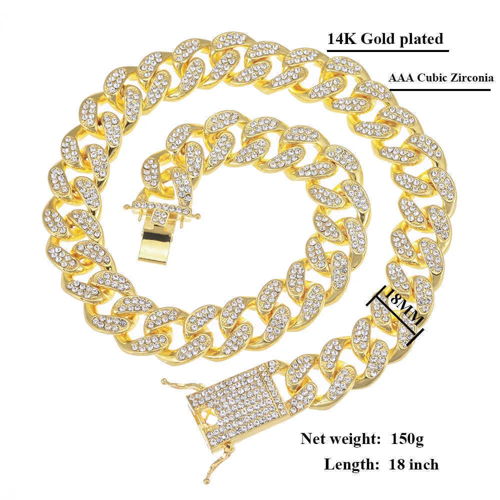 Corrente de ouro dos homens CZ 18mm, colar de ouro de hip-hop, unha, cadeia de cuba, jóias masculinas de hip-hop q0809
