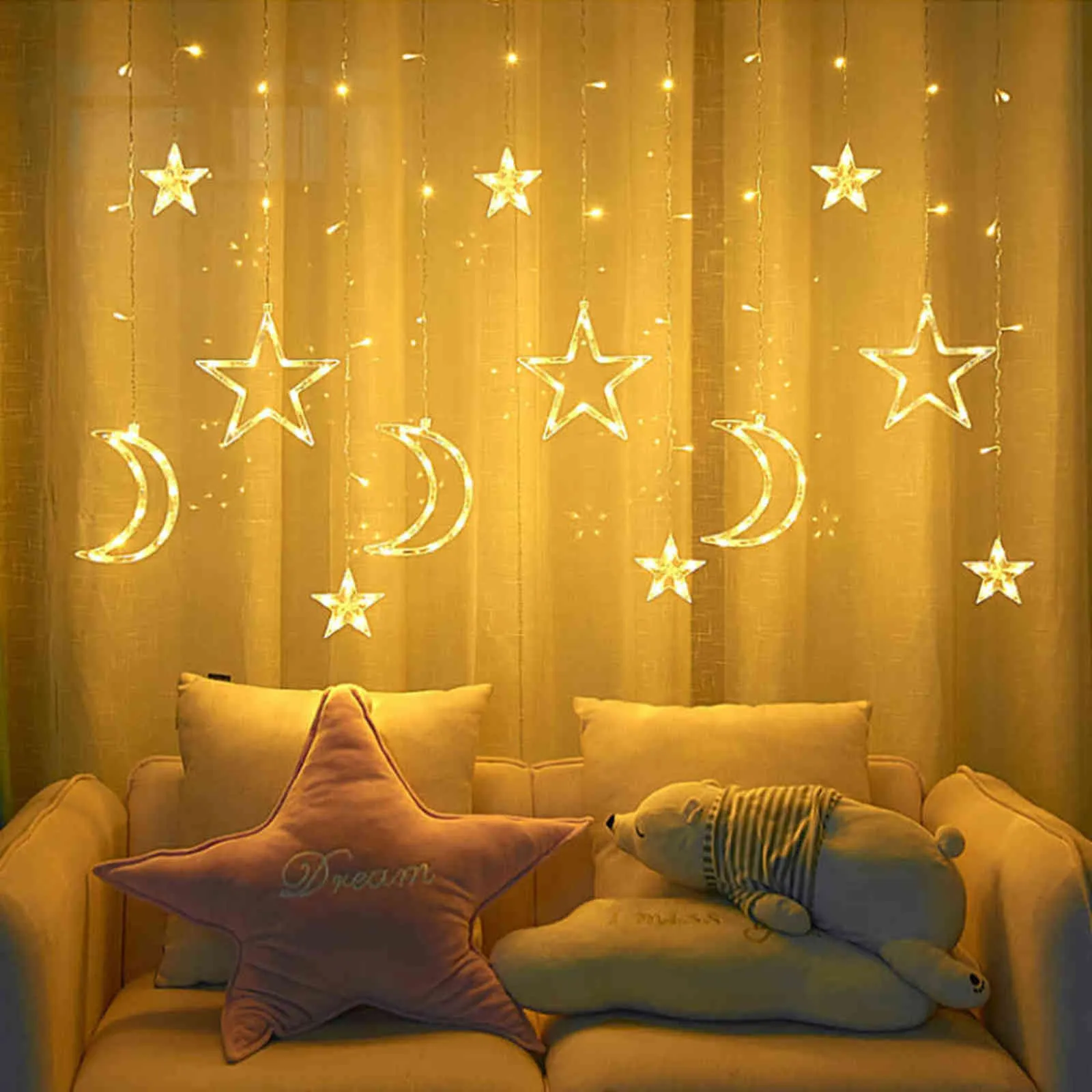 EU Plug Moon Star LED Fée Guirlande Lumineuse Guirlande EID Mubarak Ramadan Décoration Noël Vacances Éclairage De Noce 211109