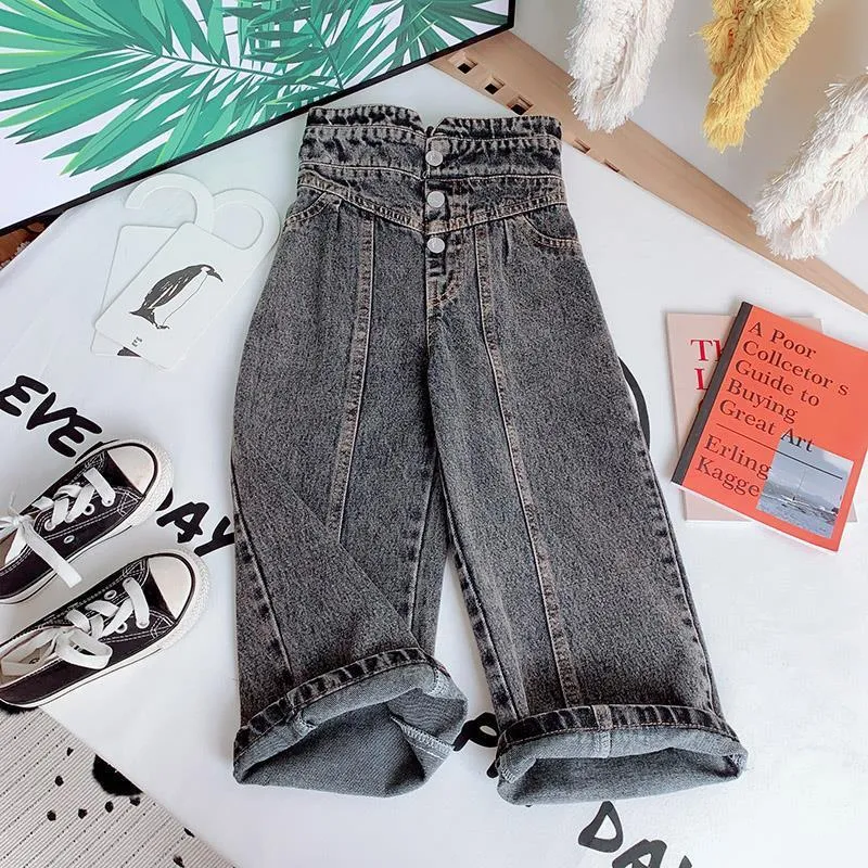 Mode Baby Mädchen Jean Hose Baumwolle Breites Bein Kleinkind Teen Kind Denim Hosen Hohe Taille Knopf Mädchen Lose Hose Kleidung 2-14Y 210317