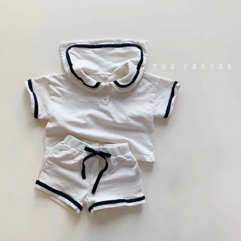 Kore Tarzı Yaz Çocuk Erkek Kız 2-ADET Setleri Donanma Yaka T-Shirt + Şort Spor Çocuk Giysileri E0307 210610