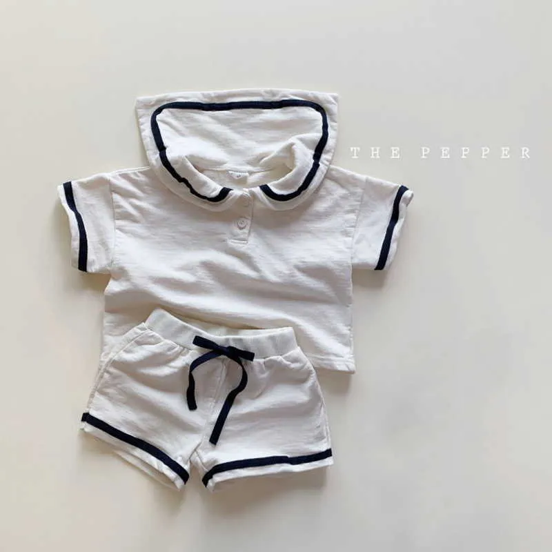 Stile coreano Estate Bambini Ragazzi Ragazza 2 pezzi Set T-shirt con colletto blu scuro + Pantaloncini Sportivi Abbigliamento bambini E0307 210610