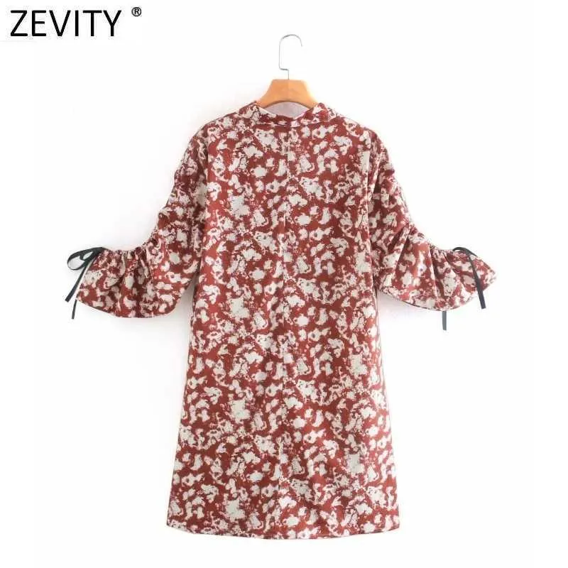 Zevity女性ヴィンテージタイ染料絵画シャツのドレスの女性巾着スリーブレースアップカジュアルな台座の回転カラードレスDS4788 210603