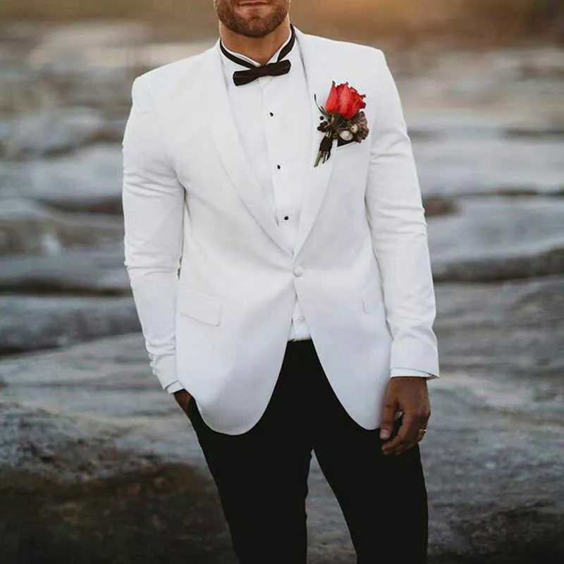 Smoking da sposo bianco scialle da sposa con risvolto slim fit abiti formali da uomo con pantaloni neri 2 pezzi giacca di moda maschile 2021 X0909