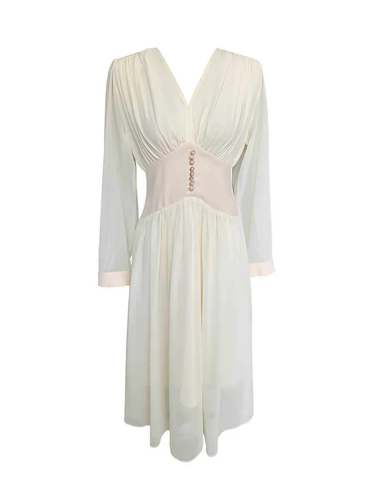 Damen Chiffon Kleid Herbst Französisch Stil Vintage Hohe Taille Langarm Anhänger Midi Party Kleider 210608