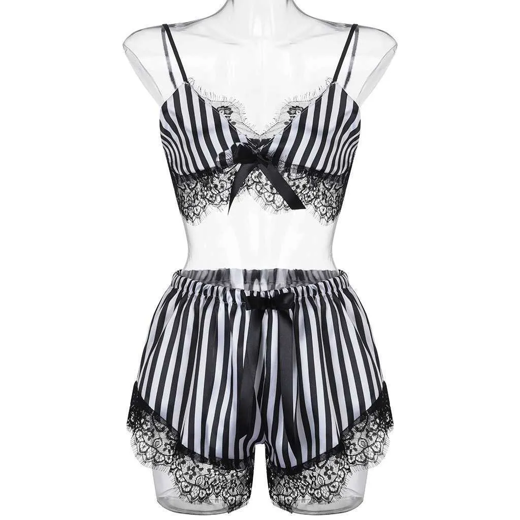 Été Sexy Col En V Pyjamas Femmes Lingeries Vêtements De Nuit Dentelle Soutien-Gorge Shorts Ensemble Sous-Vêtements Pyjamas Pyjama Stripe Femme Pijama Mujer Q0706