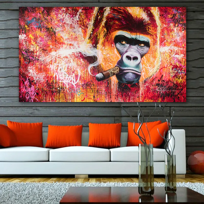 Fumar macaco gorila Pôsteres Pintura de lona de animais Fotos de parede para sala de estar moderna casa decoração abstratos