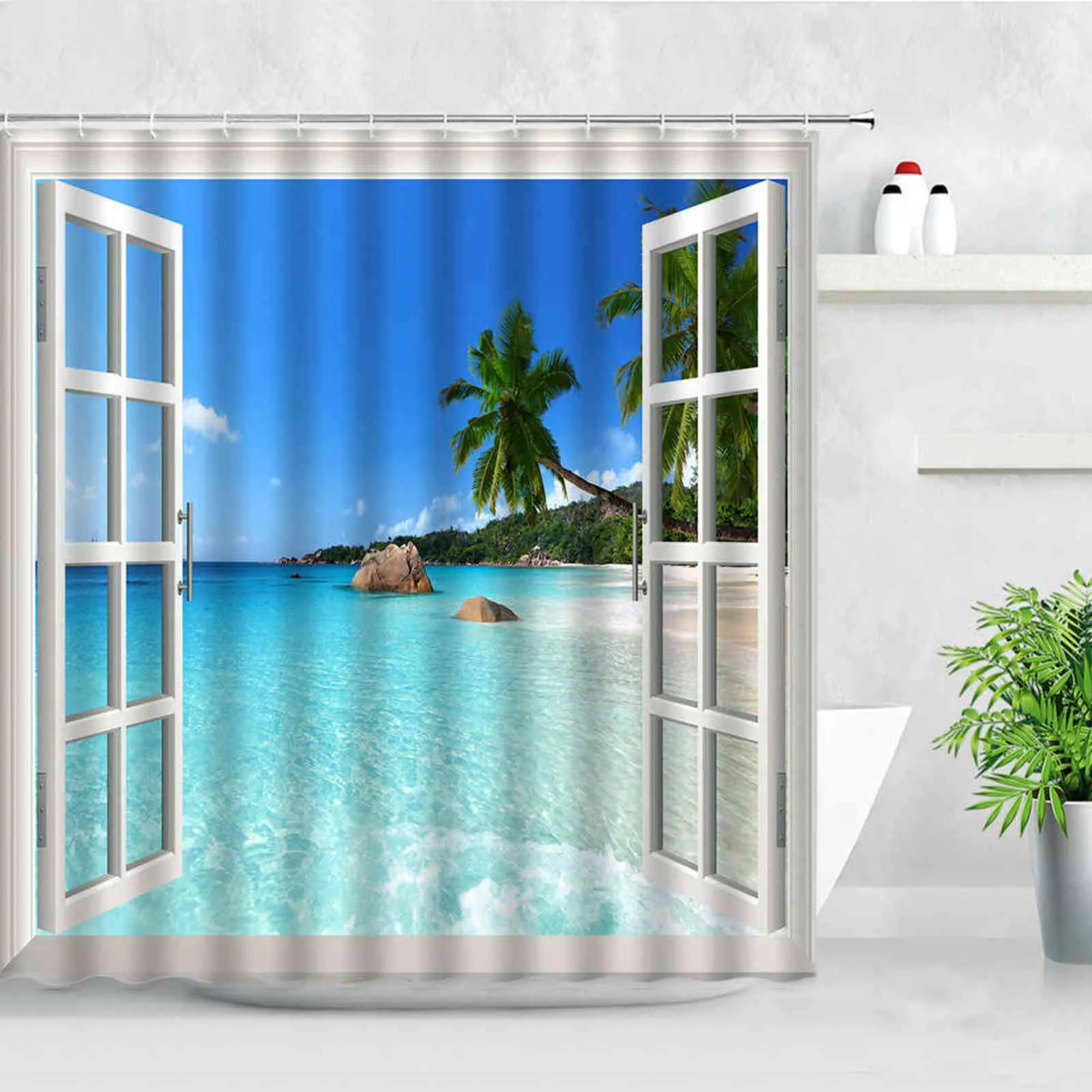 Tropisk landskap dusch gardin 3d öppet fönster hav strand sjöstjärna skal palm träd landskap vattentät badrum dekor gardiner 211116