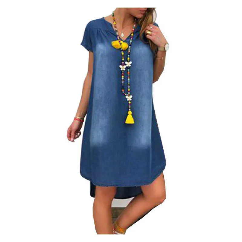 洗われたスリムVネック半袖ドレス服カジュアルな熱い緩い女性のドレス夏のファッションセクシーな女性デニムドレスY1006