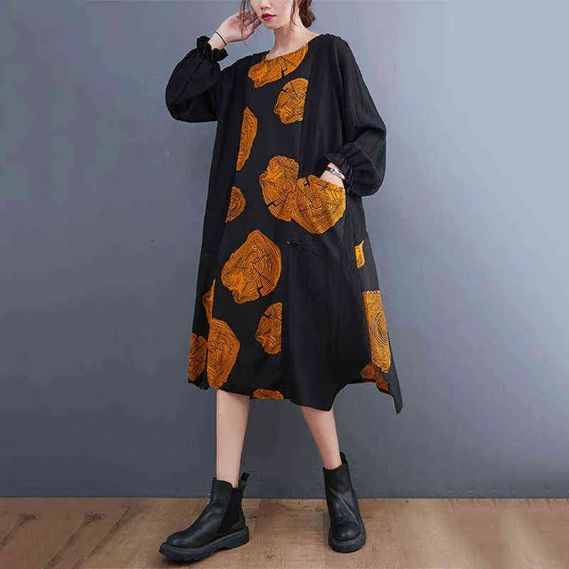 Irrégulière Vintage imprimer robes pour femmes nouveau à manches longues lâche décontracté robe mi-longue mode élégant vêtements printemps automne 2021 Y1204