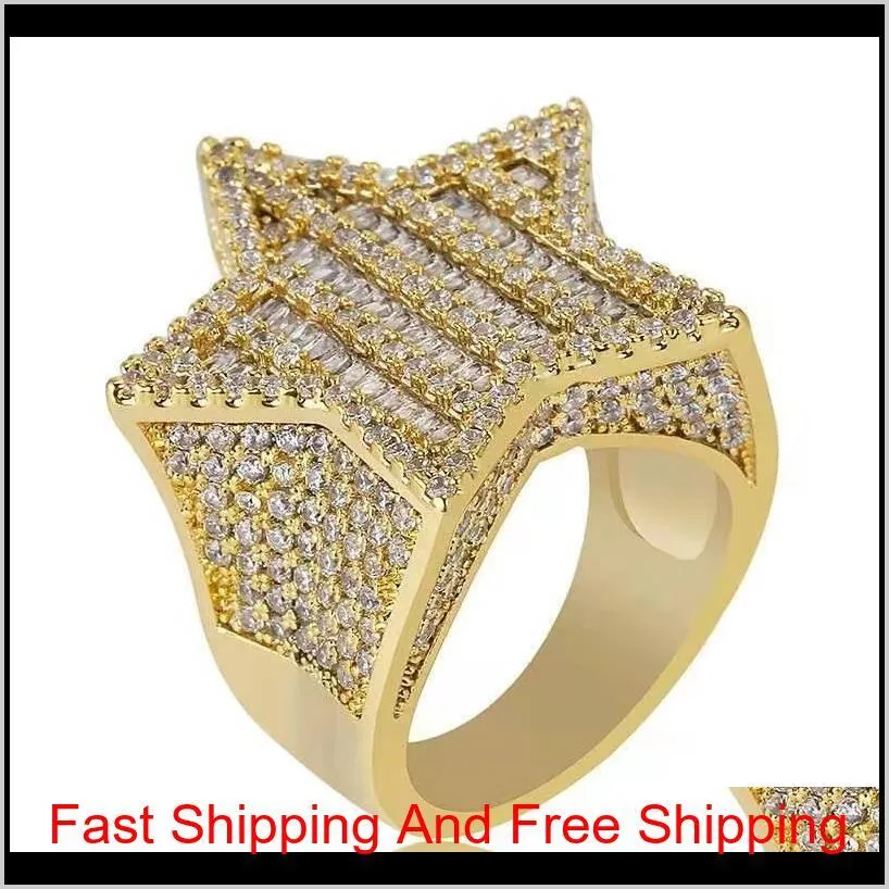 Iced Out Star Rings for Men Luxury Designer Mens Bling Diamond Stars Ring Copper Zircon 18K Gold Plated Wedding Engagement Rings 5316Z