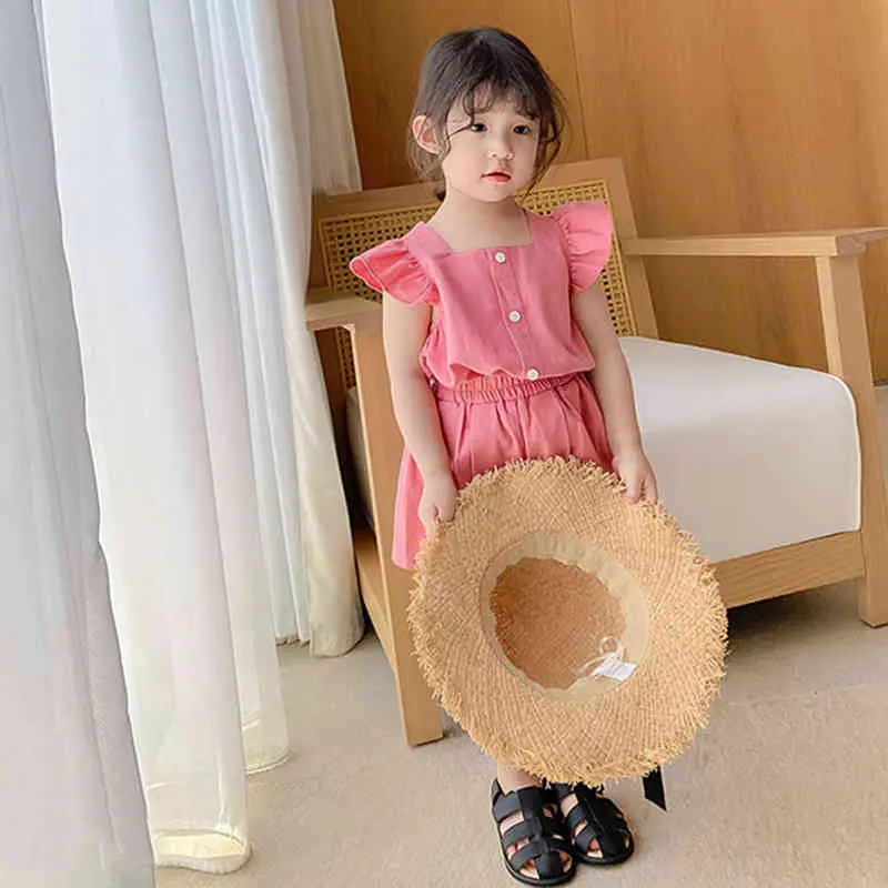 Ayı Lideri Yeni Yaz Kız 'Giyim Setleri Kore Yelek Sling Düğmesi Tops + Şort 2 adet Bebek Çocuk Giyim Takım Elbise Çocuk Giyim Y220310