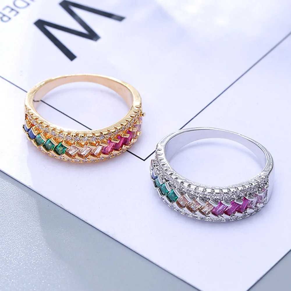 18k Multi Gemstones Crystal Rings for Women Rainbow Diamonds White Gold Color Indian Dubai Fashion Jewelry3639637