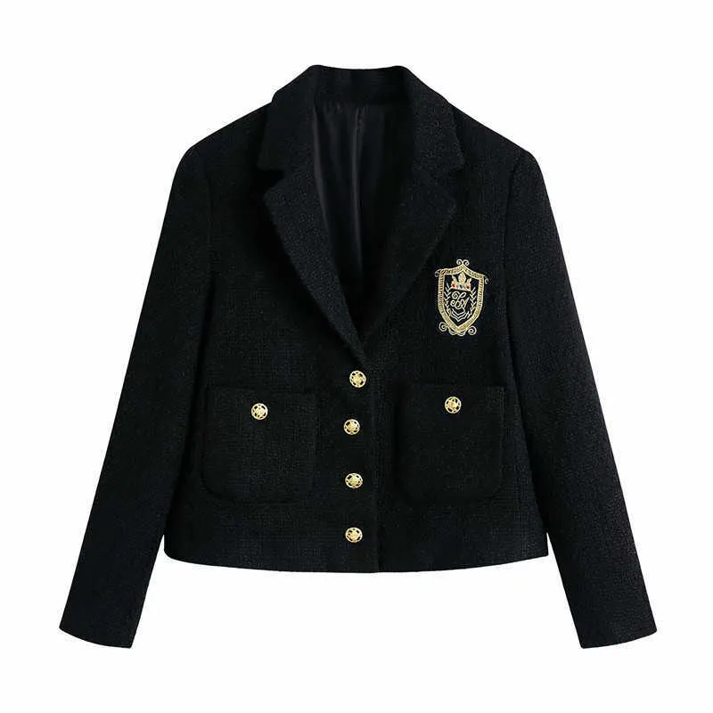 ZA Black Textured Cropped Blazer Women Vintage Embroidered Coat Blazers Woman Long Sleeve Patch Pockets Tweed Outwear 210602