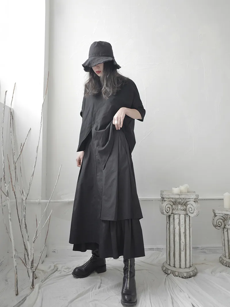 [EAM] High Elastic Waist Black Asymmetrical Pleated Temperament Half-body Skirt Women Fashion Tide New Spring Autumn 1S664 210306