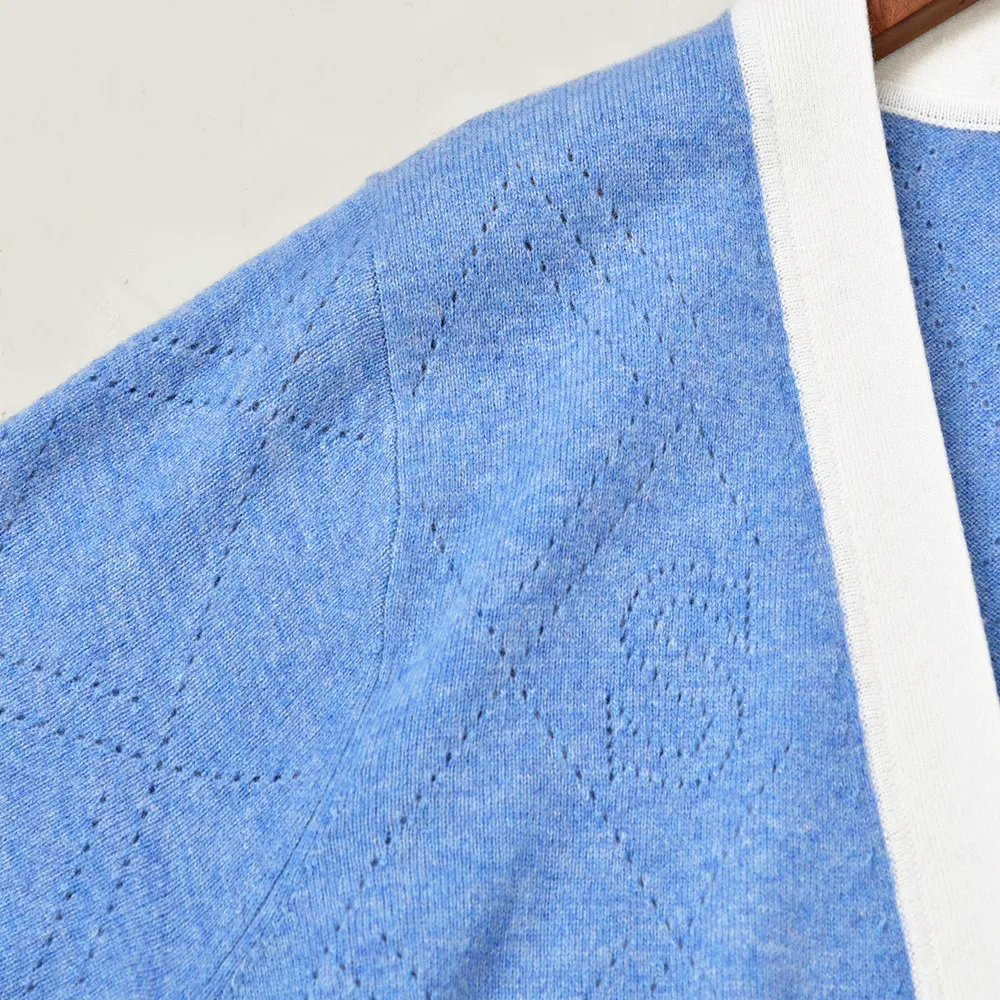 2021 осень длинные рукава v декольте синий свитер французский стиль контрастный цвет шерстяные вязаные двойные карманы жемчужные кнопки однобортные кардиганские свитера g122013