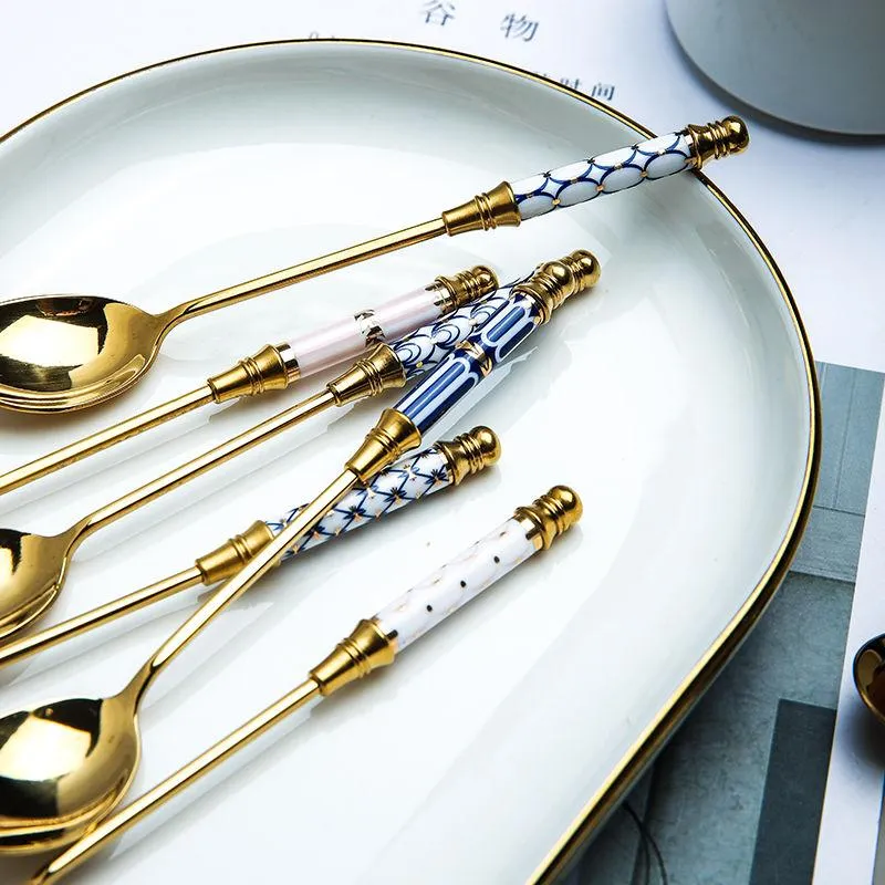 Spoons Stainless Steel Dessert Spoon Gold Coffee Milk With Ceramic Long Handle Ice Cream Fruit Cake Honey Stirring2406