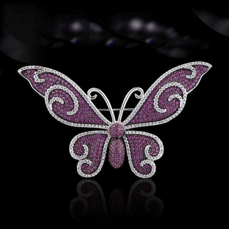 Pins, Brooches 76*40mm Silver Plated Cubic Zirconia Micro Butterfly Brooch Pin