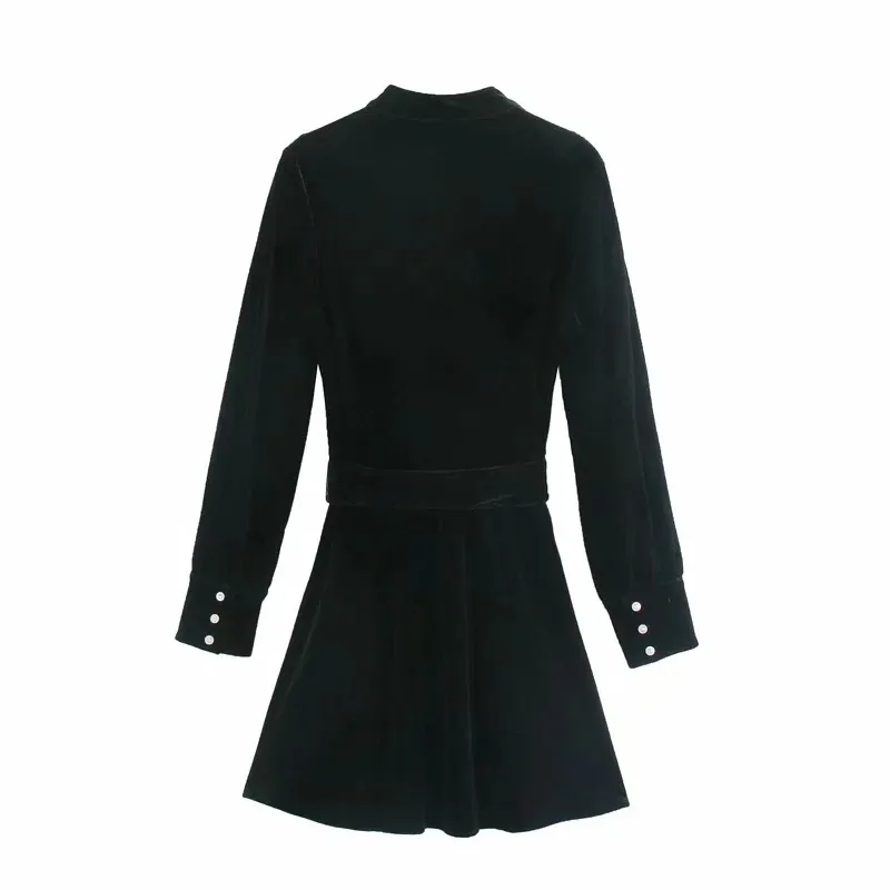 Za automne noir velours Mini robe femmes Vintage français élégant à manches longues robe femme mode cravate ceinture dames robes 210303