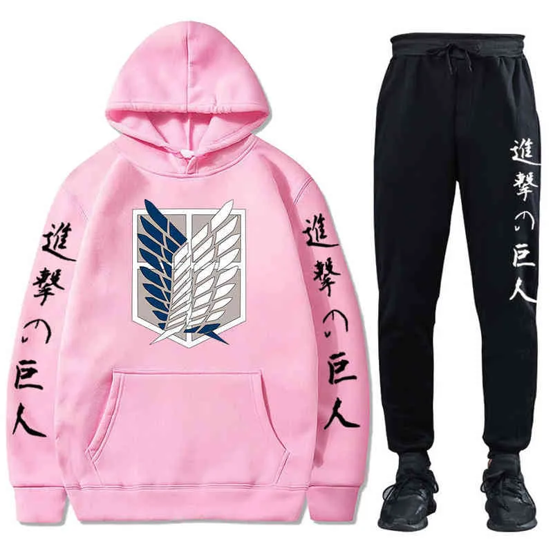 Unisex Anime Attack op Titan Trainingspakken Twee stukken Set Hoodies en Broek Herfst Winter Sweatshirt Solid Color Jogging Suits H1227