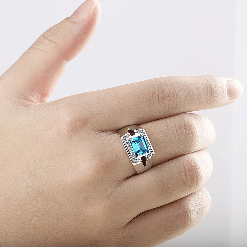 Blue Crystal Aquamarine Topaz ädelstenar Diamanter Ringar för män Vit Guld Silver Färg Smycken Bague Fashion Present Tillbehör