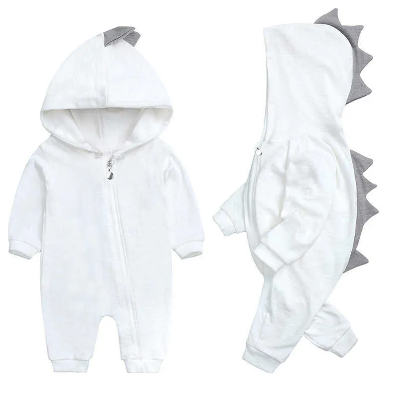 Baby Dinosaurs Hooded Cotton Romper Suit Långärmad Jumpsuit Klättra Kläder Tjej 210701