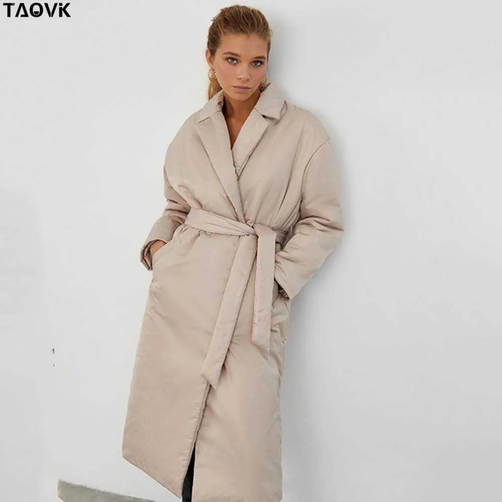 TAOVK femmes hiver épais Long manteau femme simple boutonnage coupe-vent taille large ceintures lâches chaud coton manteau 210923