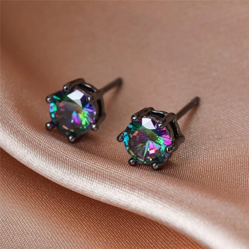 6MM Round Small Stone Rainbow Zircon Stud Earrings For Women Vintage Fashion Crystal Rose Gold Black Gold Silver Color Earrings266P