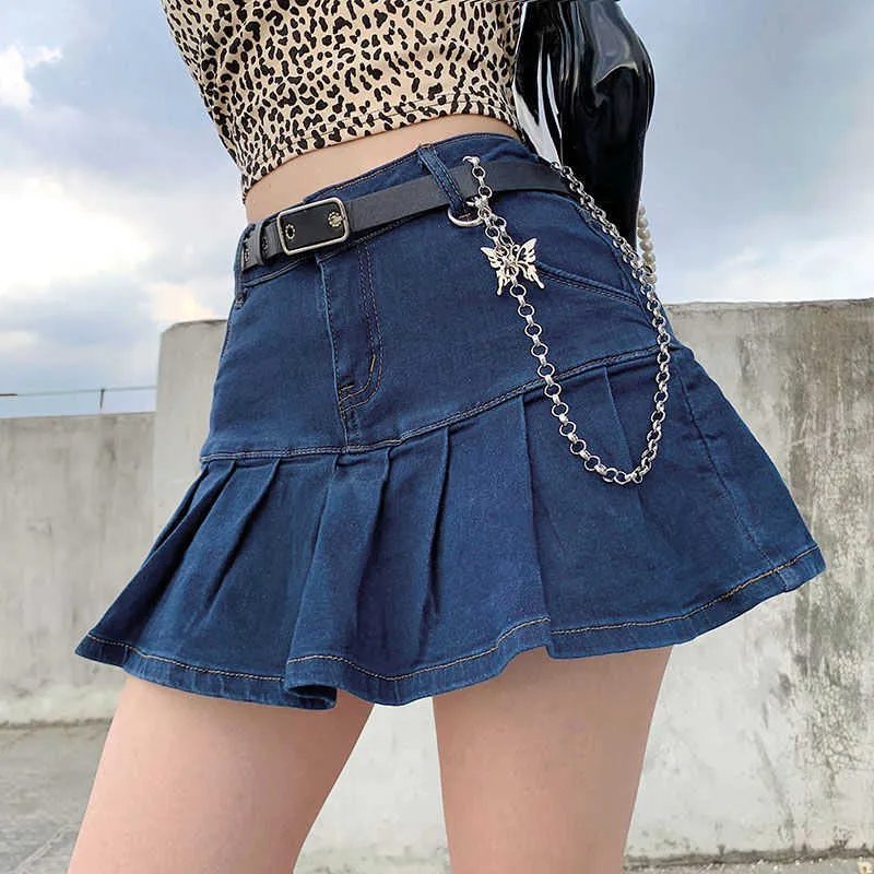 girl ruffled pleated stretch denim skirt woman fashion summer vintage sexy high waist slim short mini skirts 210629