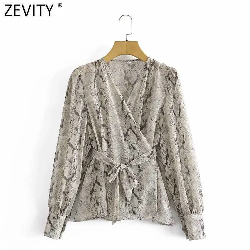 Zevenity Dames Vintage Cross V-hals Snake Skin Print Bow Sjordes Shirt Vrouwelijke Puff Sleeve Kimono Blouse Chic Blusas Tops LS9272 210603