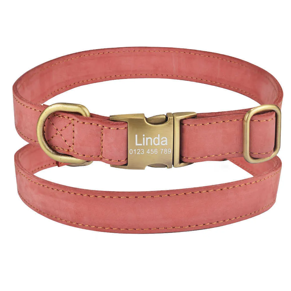 Adjustable Leather Personalised Dog Collar Large Durable Engraved Name Tag Dog ID Collar S M L Dog Collars Layer Padded Boy Girl 210729