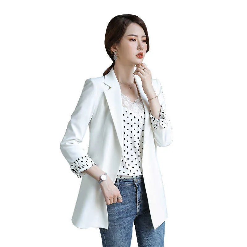 Temperament ladies solid color jacket high quality Autumn casual loose buttonless white blazer medium long suit female 210527