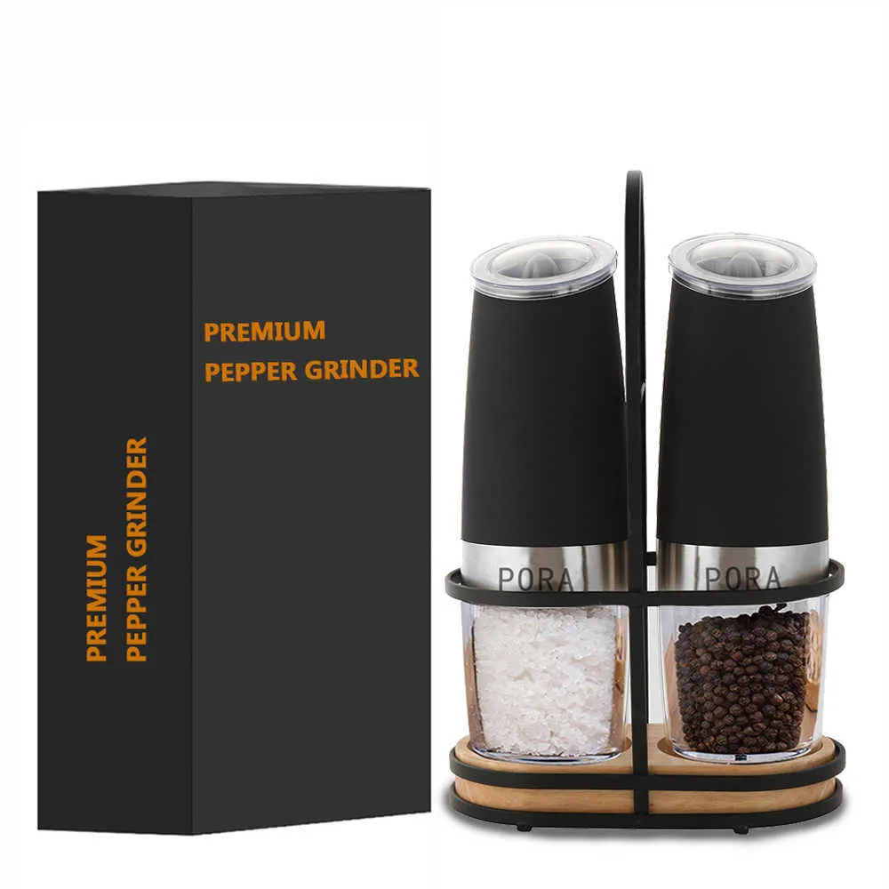 Black Electric Pepper Mill with Bracket Salt and Grinder Set Stainless Steel Gravity Automatic Spice Kitchen 210713