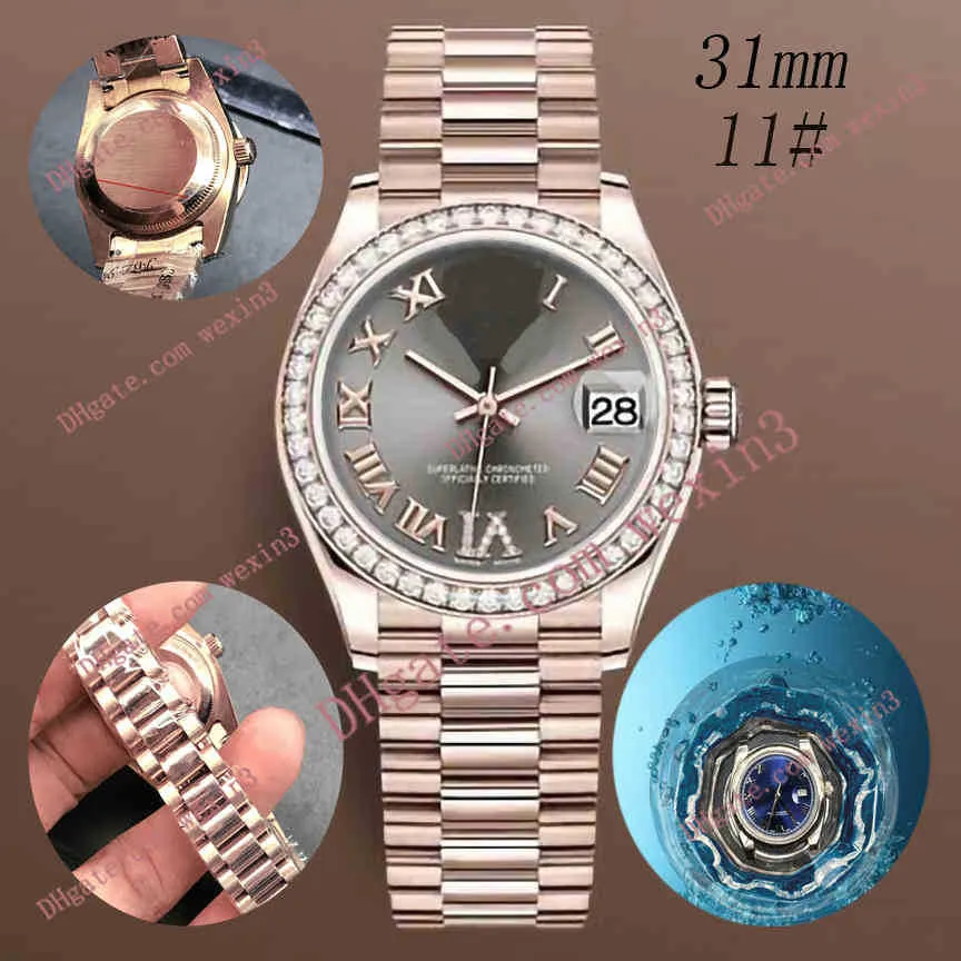 여자 다이아몬드 시계 레이디스 시계 6 시계 로마 숫자 31mm 홍합 다이얼 대통령 밴드 Montre de Luxe 2813 Automatic Swimm242b