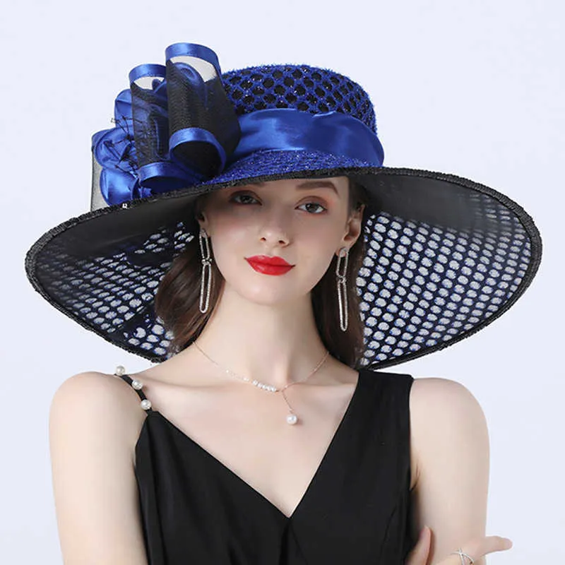 Sombrero de sol de malla con flores para mujer, ala ancha de 16cm, lazo de señora, vestido Derby de playa de verano, tocado para fiesta nupcial, boda 210608257r